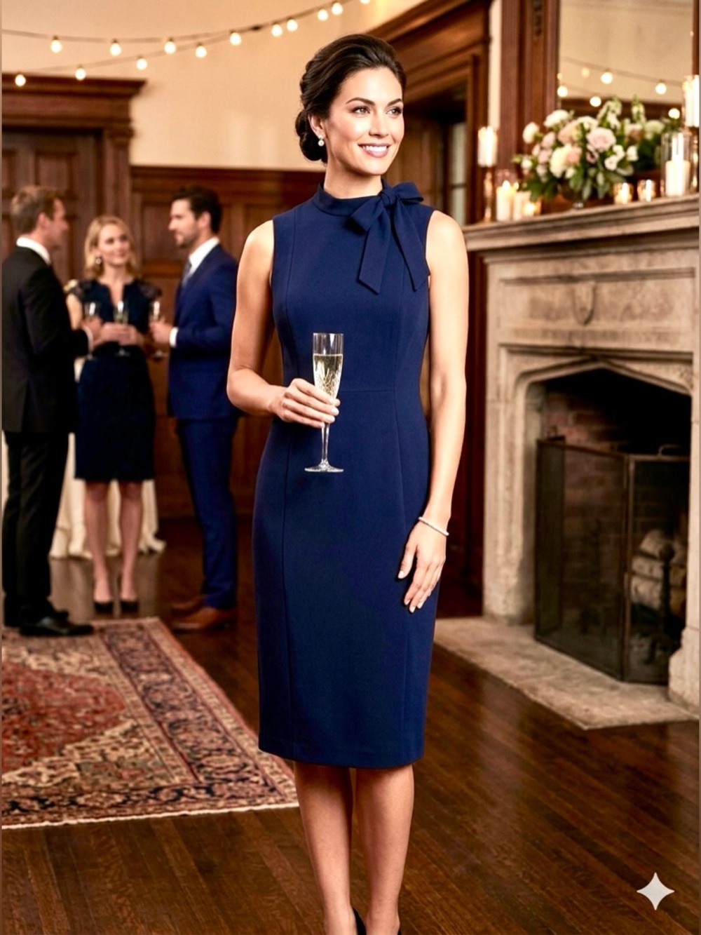 Calvin Klein Dress Navy Blue Midi Neck Tie sleeveless zipper back event NWT 8